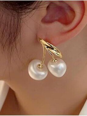 Gold Pearl Cherry Earrings Dainty Chunky Dangle Drop Trendy Luxury Set - NEW!